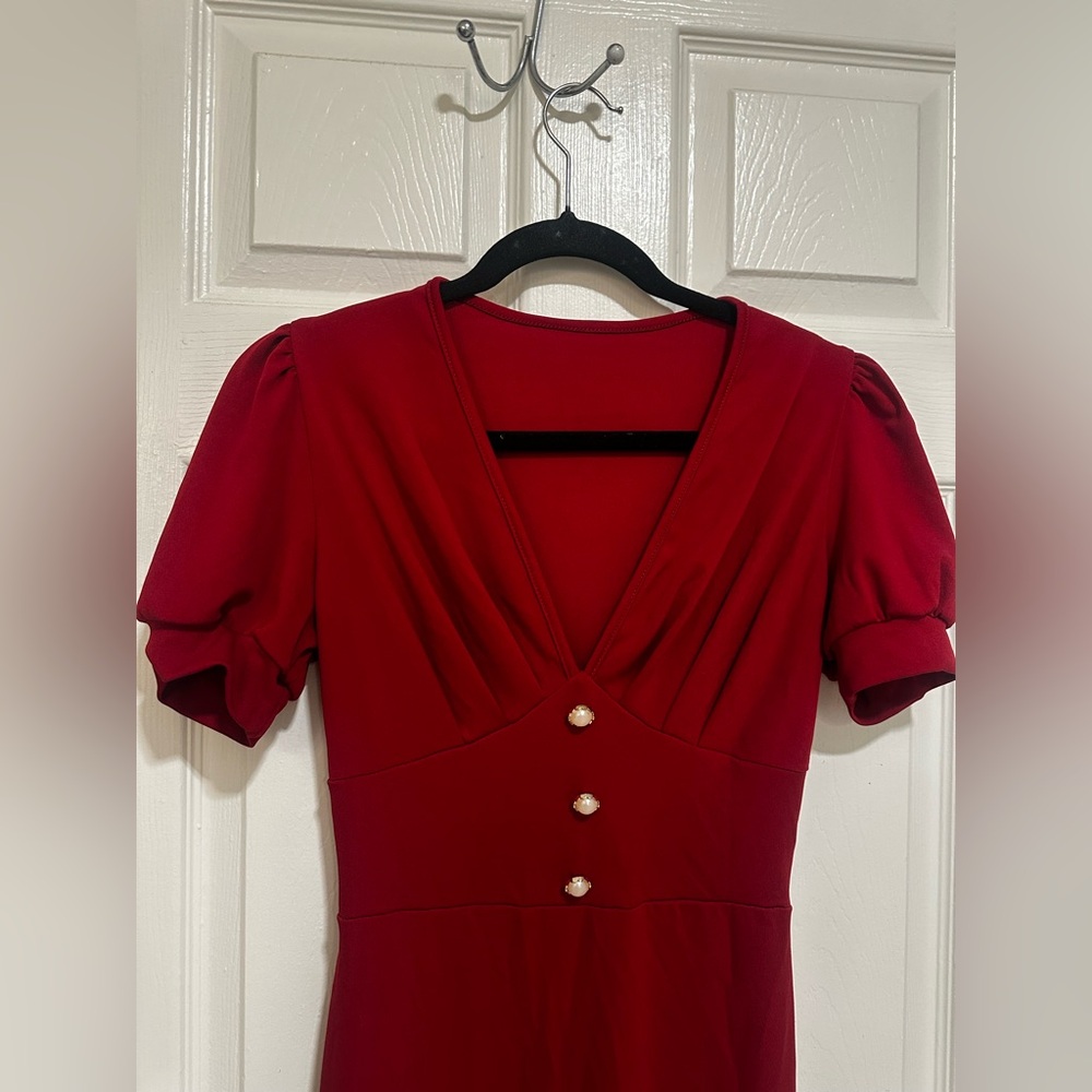 Long Red Dress With Sewn On Pearls and Puffed Sleeves - Picture 2 of 13